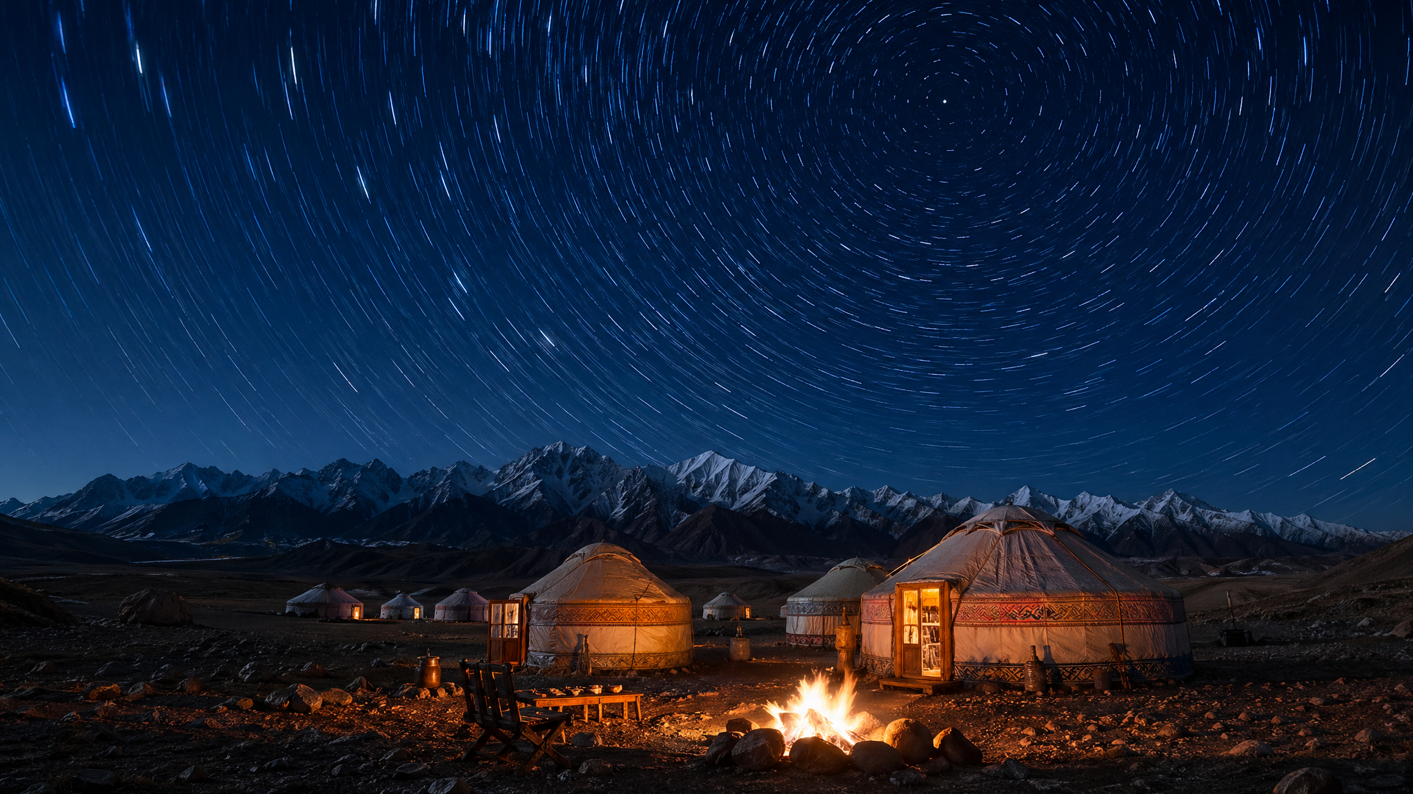 Yurt camp beneath star trails